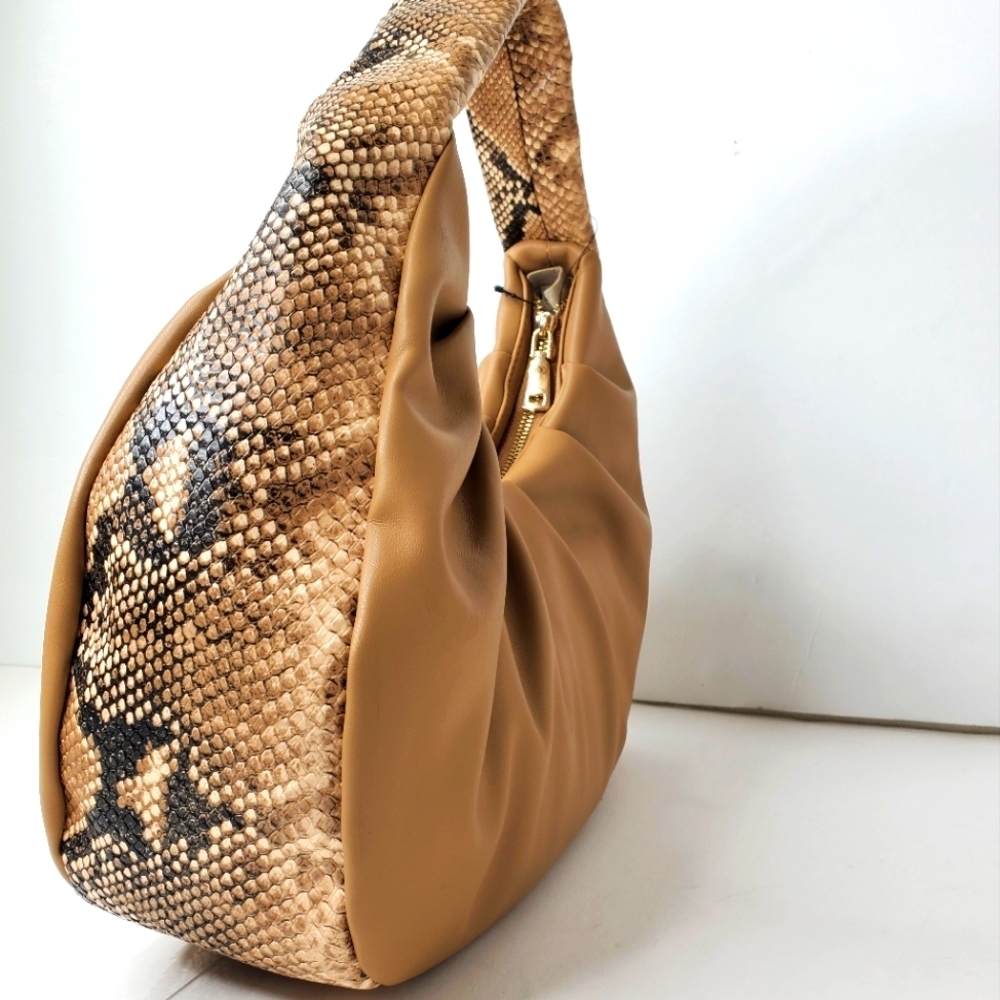 INC International Concepts  Women's Camel Leather Snake Trim Hobo Purse - Picture 4 of 11